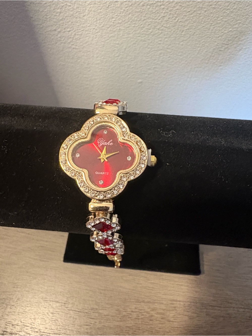 Gold-Tone Women's Quartz Bracelet Watch with Red Clover Dial and Crystal Accents